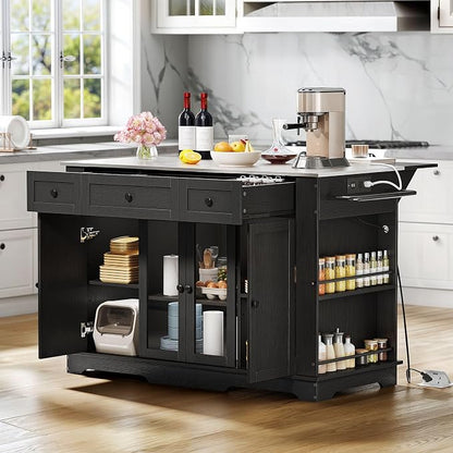 DWVO Kitchen Island with Stainless Steel Top & Power Outlet, 60 Inch Kitchen Island on Wheels with Drop Leaf, Large Rolling Mobile Center Islands w Storage Drawer Cabinet Counter Metal Top, Black