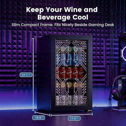 Electactic 3.2 Cu.Ft Compact Gaming Beverage Cooler | Light Up Glass Door, Digital Temp Control, Adjustable Shelves for Wine Beer Soda