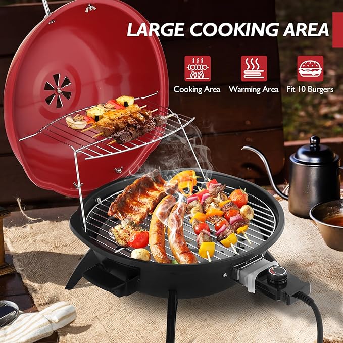 ROVSUN 1600W Red Portable Electric Grill – Adjustable Temperature Control, 304 Stainless Steel Double-Layer Cooking Surface, Removable Tabletop Stove for Indoor & Outdoor Use