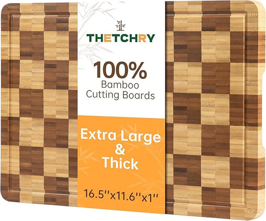 Bamboo Cutting Boards for Kitchen, End Grain Wood Cutting Board with Juice Grooves & Handles, Charcuterie Checkered Chopping Board Thick Butcher Block Serving Tray with Gift Box, 16.5"×11.6"× 1"