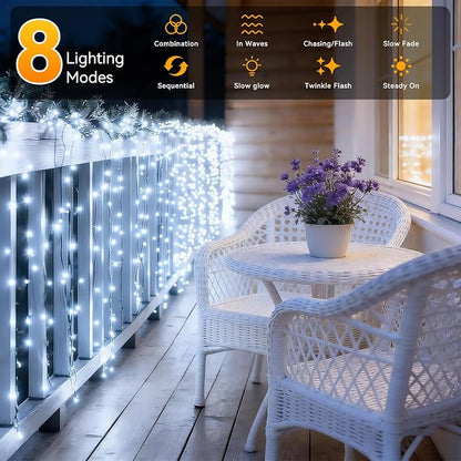 Solar String Lights Outdoor Waterproof 2 Pack Total 66ft 200LED White | 8 Modes Twinkle Lights Solar Fairy Lights for Patio, Garden Yard Party Wedding Tree Christmas Halloween Decoration