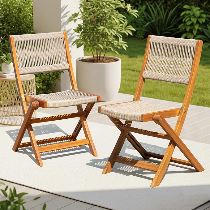 Wood Rope Design Bistro Chairs, Folding Patio Set of 2 Chairs – Heavy-Duty 400lbs Capacity Outdoor Seating for Balcony, Garden, or Porch