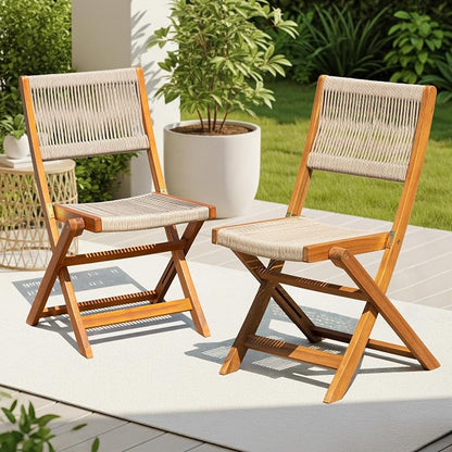 Wood Rope Design Bistro Chairs, Folding Patio Set of 2 Chairs – Heavy-Duty 400lbs Capacity Outdoor Seating for Balcony, Garden, or Porch