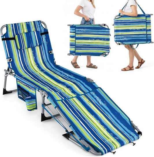 GYMAX Tanning Chair, 330LBS Beach Lounge w/Face Arm Hole & Hand Shoulder Strap, Folding Layout Sunbathing Chair, Face Down Outdoor Chaise Lounger for Patio, Poolside, Backyard (1, Blue Stripe)