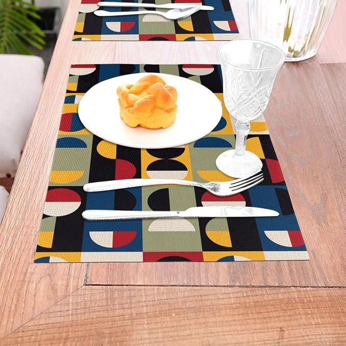 Retro Mid Century Modern Placemats Set of 4 Linen 12x18 Inch | Washable Non-Slip Heat-Resistant Decorative Kitchen Table Mats for Dining Outdoor Home Decor