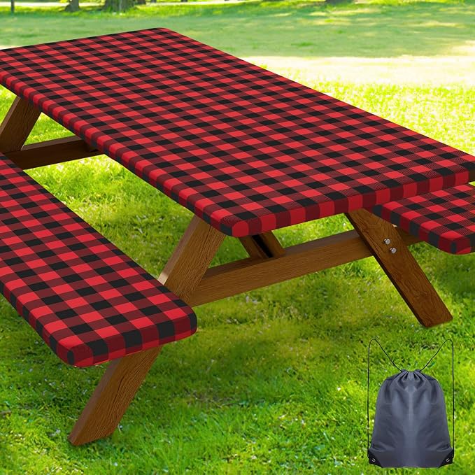 Smiry Picnic Table Cover with Bench Covers, Waterproof Elastic Fitted Tablecloths for 6 Foot Rectangle Tables, Washable Buffalo Plaid Tablecloth for Camping, Outdoor & Christmas (Black & Red, 30"x72")
