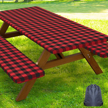 Smiry Picnic Table Cover with Bench Covers, Waterproof Elastic Fitted Tablecloths for 6 Foot Rectangle Tables, Washable Buffalo Plaid Tablecloth for Camping, Outdoor & Christmas (Black & Red, 30"x72")