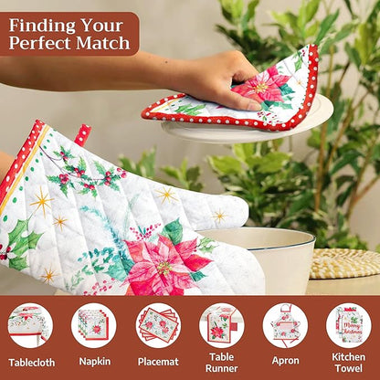 Maison d' Hermine Oven Gloves 100% Cotton Oven Mitt 7" x 13" with Loop Heat Resistant Cooking Gloves for Thanksgiving Christmas Decorations Baking Handling Hot Pans (Pack of 1, Poinsettia Christmas)