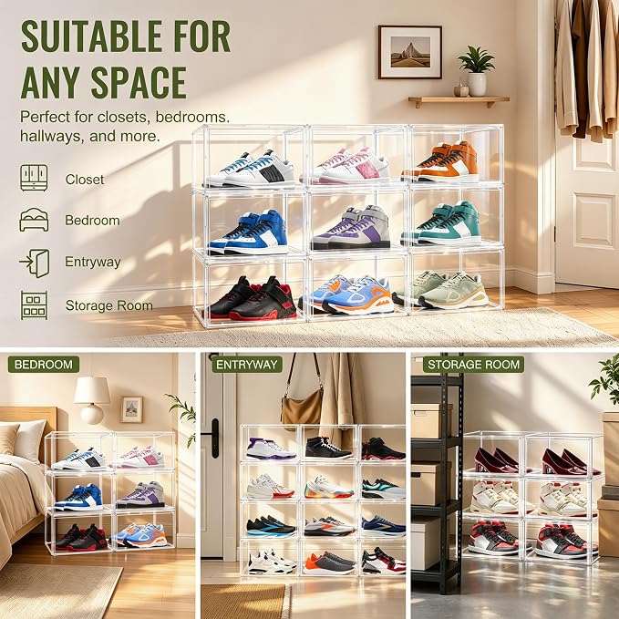 5 Pack Acrylic Shoe Boxes,Stackable Organizer for Everyday Footwear | Fits size 14 sneakers, casual shoes and athletic footwear. Clear acrylic design with magnetic door & dustproof storage