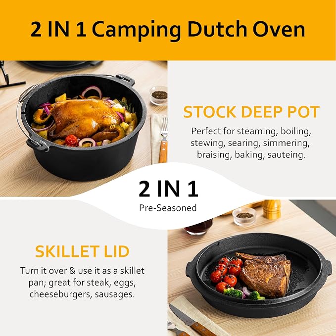 Velaze 10 QT Pre-Seasoned Cast Iron Camping Dutch Oven Pot with Lid | Comes with Metal Handles, Lid Lifter,Stand Support,Use in Oven, on Stove,Grill,or Over Campfire,Capacity for 4-8 People
