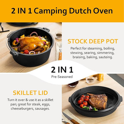 Velaze 10 QT Pre-Seasoned Cast Iron Camping Dutch Oven Pot with Lid | Comes with Metal Handles, Lid Lifter,Stand Support,Use in Oven, on Stove,Grill,or Over Campfire,Capacity for 4-8 People