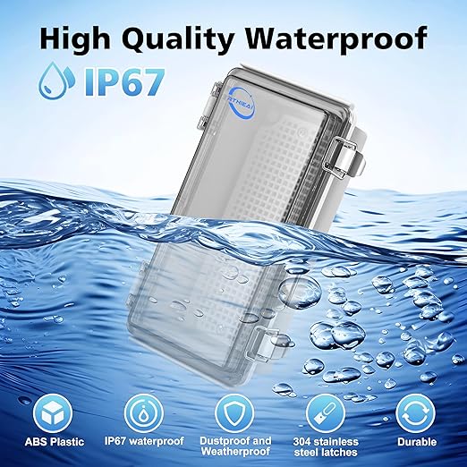 RTHIEAI Waterproof Outdoor IP67 Junction Box (7.9"x3.9"x2.8") with Mounting Plate, Hinged Clear Cover and Wall Brackets - Weatherproof ABS Plastic Electrical Enclosure for DIY Projects (200x100x70mm)