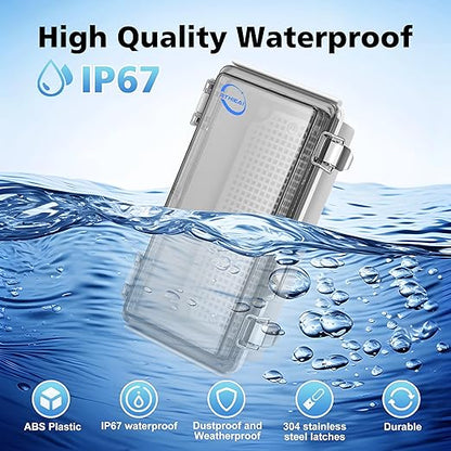 RTHIEAI Waterproof Outdoor IP67 Junction Box (7.9"x3.9"x2.8") with Mounting Plate, Hinged Clear Cover and Wall Brackets - Weatherproof ABS Plastic Electrical Enclosure for DIY Projects (200x100x70mm)