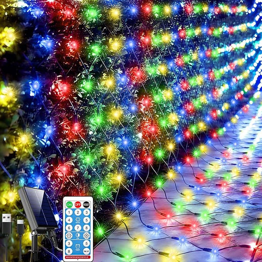 Lovelite 11.5ft x 5ft Solar Net Lights Outdoor, 240LED Christmas Mesh Lights Solar & USB Powered, Waterproof String Lights 8 Modes Green Wire for Bushes Patio Garden Holiday Party Decor (Multicolor)