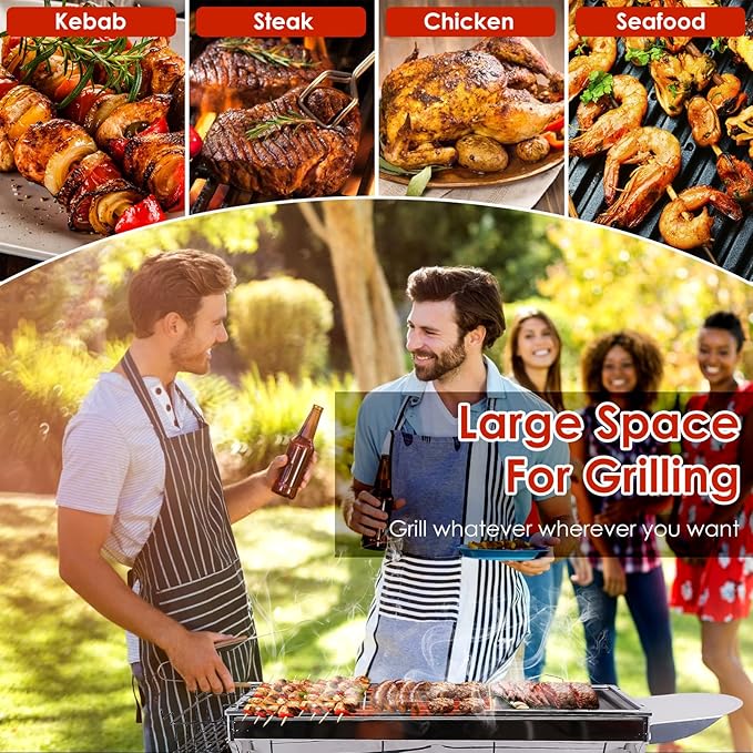 TeqHome Portable Charcoal Grill, Large Stainless Steel Folding BBQ Grill, Foldable Barbecue Grill with Storage Shelf for Camping BBQ Garden Backyard Party Picnic Outdoor Cooking Kabob, 39x13.4x28 inch