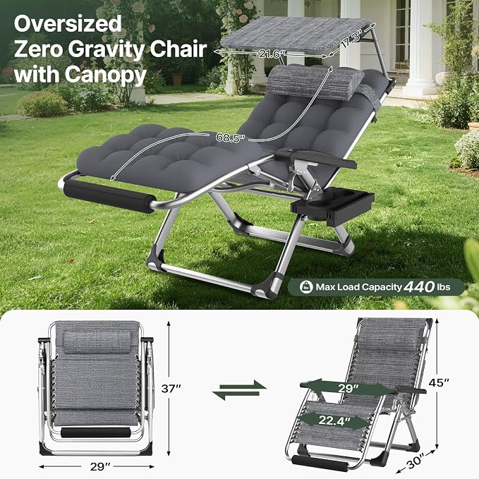 Suteck Zero Gravity Chair with Canopy, 29In XL Oversized Lounge Chairs | w/Removable Cushion&Headrest, Upgraded Lock and Footrest, Folding Reclining Patio Chairs Recliner for Indoor Outdoor