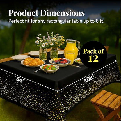 Prestee 12-Pack Black and Gold Dots Disposable Tablecloths – 108x54 Inch Waterproof Plastic Table Covers – Elegant, Heavy-Duty Party Tablecloths for Weddings, Birthdays, Holidays, and Events