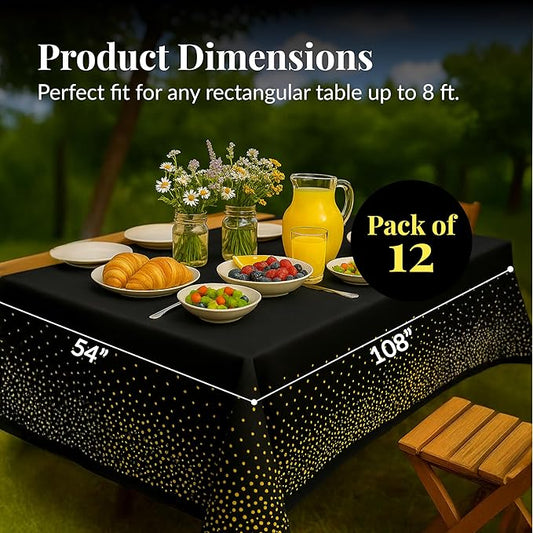 Prestee 12-Pack Black and Gold Dots Disposable Tablecloths – 108x54 Inch Waterproof Plastic Table Covers – Elegant, Heavy-Duty Party Tablecloths for Weddings, Birthdays, Holidays, and Events