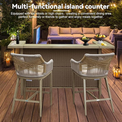 Domi Outdoor Home Bar Unit, All-Weather Wicker & Aluminum Frame Farmhouse Bar Furniture with Storage, Waterproof Rattan Buffet Table with Shelves and Cabinet, Easy-to-Clean for Patio Kitchen