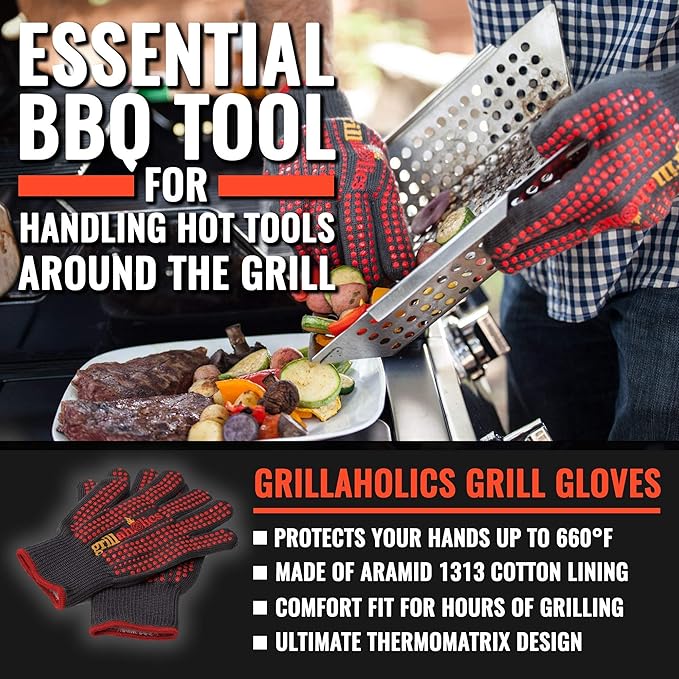 Grillaholics High Heat Resistant Grill Gloves + Vegetable Grilling Basket + Nonstick Grill Mat Bundle