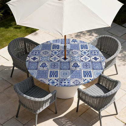 Outdoor Tablecloth with Umbrella Hole and Zipper Fits 37-44" Tables | Waterproof Round Fitted Tablecloth with Elastic Edge, Wipeable Outdoor Table Cover for Patio, Garden, Picnic
