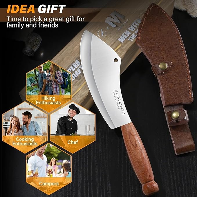 MEN WITH THE POT Meat Cleaver Knife, Hand Forged Ultra Sharp Stainless Steel Butcher Knife with Sheath, Multipurpose Chef Knife for Kitchen Outdoor Cooking Camping BBQ, Gift for Man Women