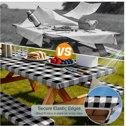 Picnic Table Cover with Bench Covers Camping Essentials Waterproof Windproof Camping Tablecloth with Drawstring Bag, Fitted Rectangle Tables and Seats, 96in, White Black Checkered