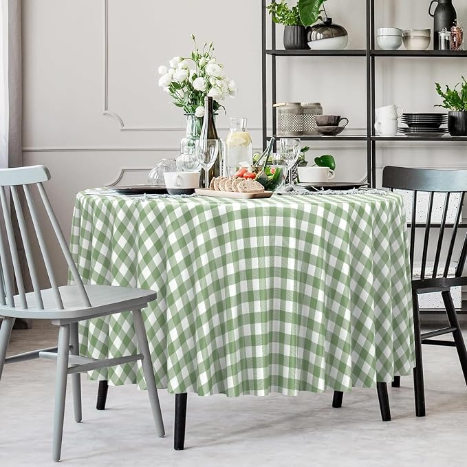 3 Pcs Sage Green Gingham Tablecloths 84 inch Checkered Round Tablecloths | Disposable Waterproof Green Round Gingham Tablecloths for Baby & Bridal Shower Picnic Camping Barbecue Birthday Party,84 Inch