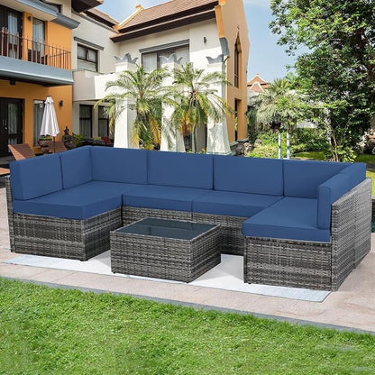 U-MAX 7 Piece Outdoor Patio Furniture Set, PE Rattan Outdoor Wicker Sectional Furniture Chair Set with Cushions and Tea Table, Grey Rattan and Navy Cushion