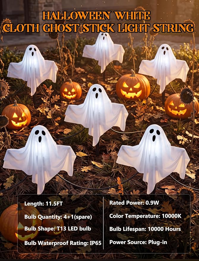 11.5FT Halloween Ghost Pathway Lights Outdoor, 4 Pack LED Lawn Stake Lights | Waterproof, Plug in and Hanging Outdoor Halloween Decorations Ghost String Lights for Garden Walkway Driveways Garden Yard