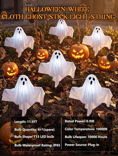 11.5FT Halloween Ghost Pathway Lights Outdoor, 4 Pack LED Lawn Stake Lights | Waterproof, Plug in and Hanging Outdoor Halloween Decorations Ghost String Lights for Garden Walkway Driveways Garden Yard