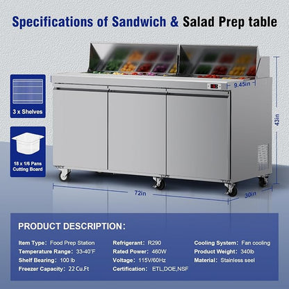 72" W Commercial Sandwich Salad Prep Table Refrigerator, Stainless Steel Refrigerated Salad Bar Food Prep Station with 18 Pan, Cutting Board, Ajustable Shelves for Restaurant, Food Truck, Buffet