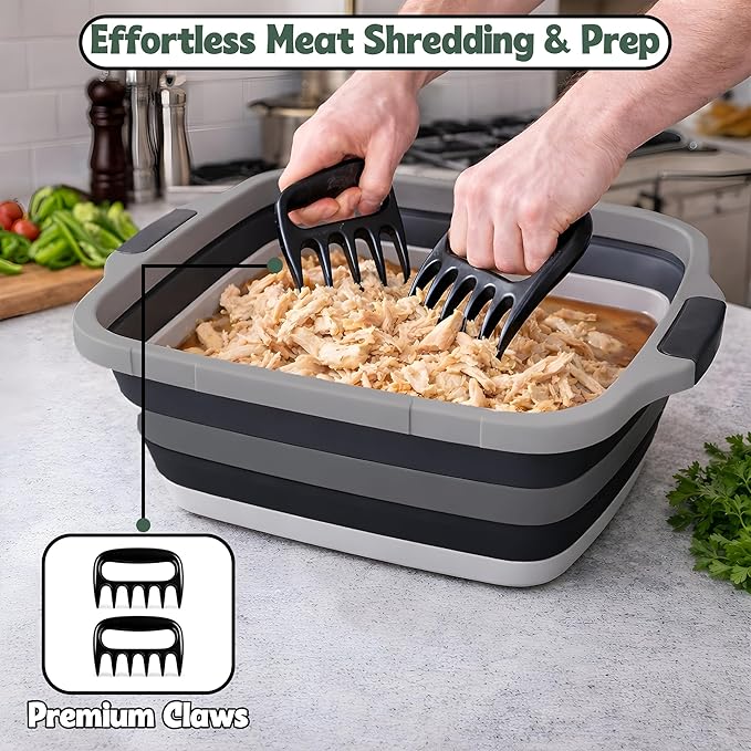 16L BBQ Prep Tub with 2 Pcs Meat Shredder Claws, Collapsible Cutting Board, Cutting Board with Locking Lids, Drip Easy BBQ Prep Tub with lid-XL Size (Black)