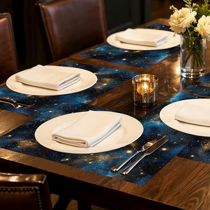 Nuxovilar Tablerunner and Placemats Set of 7 Starry Sky Themed Linen Square Placemats for Dining Dining Sets and Accessories Themed Dinner, Star Party, Romantic Gathering
