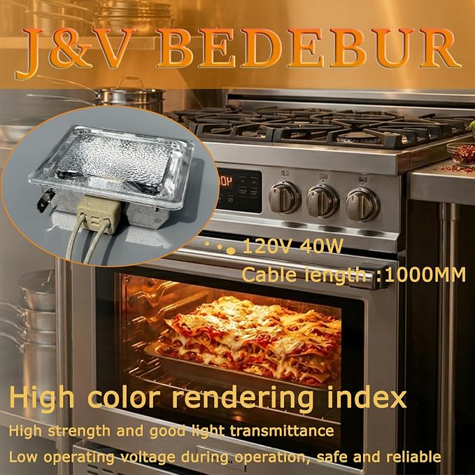 J&V bedebur Oven Lighting Assembly with High Temperatur Materials for BBQ Grill, Oven Light Bulb Replacement, Halogen Bulb 120V 40W