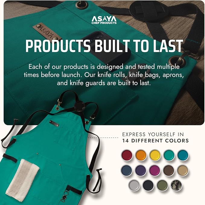 Asaya Chef and BBQ Apron with Bottle Opener and Hand Towel - 10oz Cotton Canvas, Stainless Steel Hardware - Cross Back Straps