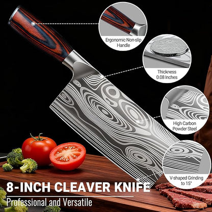 Meat Cleaver Knife Ultra Sharp Kitchen Knife 8 Inch, High Carbon Stainless Steel Butcher Knife with Wooden Handle, Chinese Cleaver for Meat Cutting Vegetable Slicing Perfect Birthday Gifts