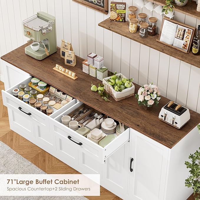 71” Large Buffet Cabinet, Sideboard with Adjustable Shelves | 6 Soft-Close Doors, Sideboard Wood Coffee Bar Console Table for Kitchen, Dining Room (White)