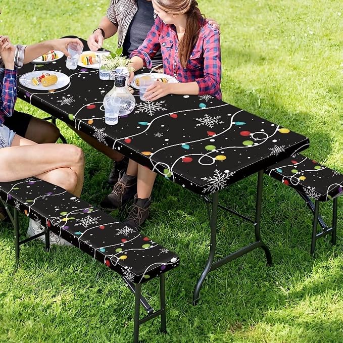 Elastic Fitted Table Cloth for Camping Party Supplies Christmas Pattern Picnic Table Cover with Bench Covers 3 PCS for Outdoor BBQ Camping