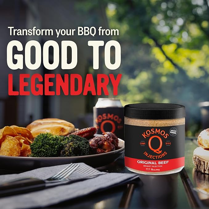 Kosmos Q Original BBQ Beef Injection, Award-Winning Brisket Marinade for Ribs, Roasts, & More, Moisture-Retaining Barbecue and Meat Seasoning, Tender Juicy Flavor, 16 Oz Jar