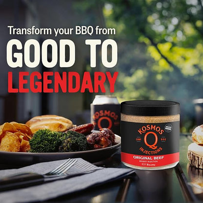 Kosmos Q Original BBQ Beef Injection, Award-Winning Brisket Marinade for Ribs, Roasts, & More, Moisture-Retaining Barbecue and Meat Seasoning, Tender Juicy Flavor, 16 Oz Jar