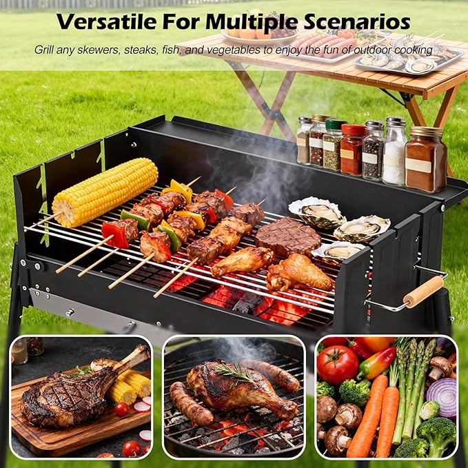Ergocar Charcoal Barbecue Grill - Foldable No Assembly Required Thickened Stainless Steel Windproof Three-Level Temperature Control, Built-In Seasoning Tray, Suitable For Five Or More Persons