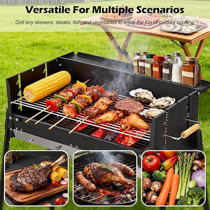 Ergocar Charcoal Barbecue Grill - Foldable No Assembly Required Thickened Stainless Steel Windproof Three-Level Temperature Control, Built-In Seasoning Tray, Suitable For Five Or More Persons