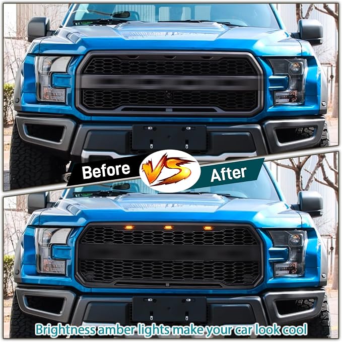 Led Front Grille Lights For 2004-2020 Ford F150,2017-2022 F250,2013-2018 Dodge Ram 1500 Raptor Style Aftermarket Grill Replacement Grills Lamps kit Accessories (black shell amber light)