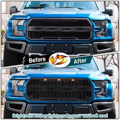 Led Front Grille Lights For 2004-2020 Ford F150,2017-2022 F250,2013-2018 Dodge Ram 1500 Raptor Style Aftermarket Grill Replacement Grills Lamps kit Accessories (black shell amber light)