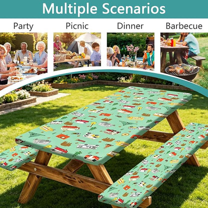Picnic Table Cover with Bench Covers and Bag, Camping Rv Essentials, Waterproof Windproof Fabric, Fitted Tablecloth Cover with Elastic Edge, 3 PCS, 30x96 Inch, Green