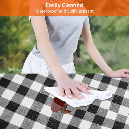 5ft 60" Picnic Table and Bench Cover, 3 Pack, Black-White Checkered | Waterproof Windproof, Elastic Fitted Edges Tablecloth, for Rectangle Table & Seat, Camping Essentials RV Gear