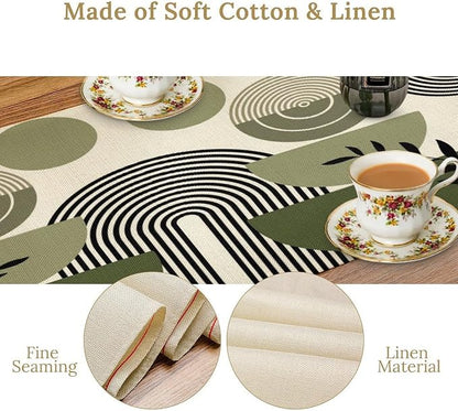 Boho Mid Centruy Table Runner Abstract Sage Green Tropical Leaves Sun Modern Geometric Arch Botanical Dinner Runner for Farmhouse Cabin Home Kitchen Dining Holiday Party Decor 13x70in