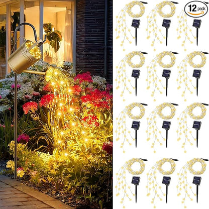 12 Pack Solar Waterfall Fairy Bunch Lights Outdoor Waterproof 9 Strand 180LEDs 8 Modes Watering Can Light (No Can) Firefly Bunch Lights for Patio Yard Garden Decorations (Warm)