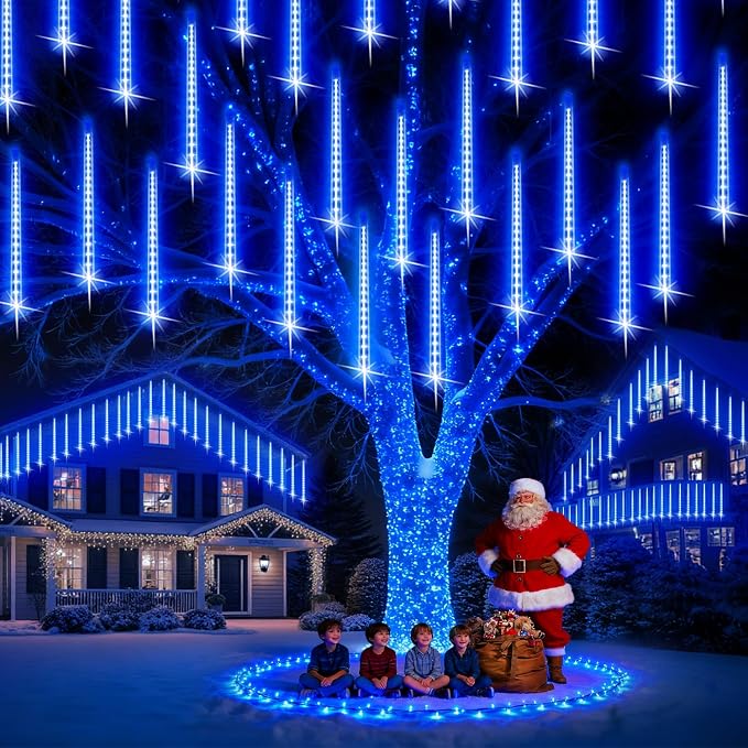 PEMOTech Christmas Lights Outdoor,16 Tubes (Equivalent to 2 Sets of 8-Tubes) Meteor Shower Lights,Waterproof Christmas Decorations for Xmas Tree Party, Outdoor Christmas Decorations,UL Plug,Blue